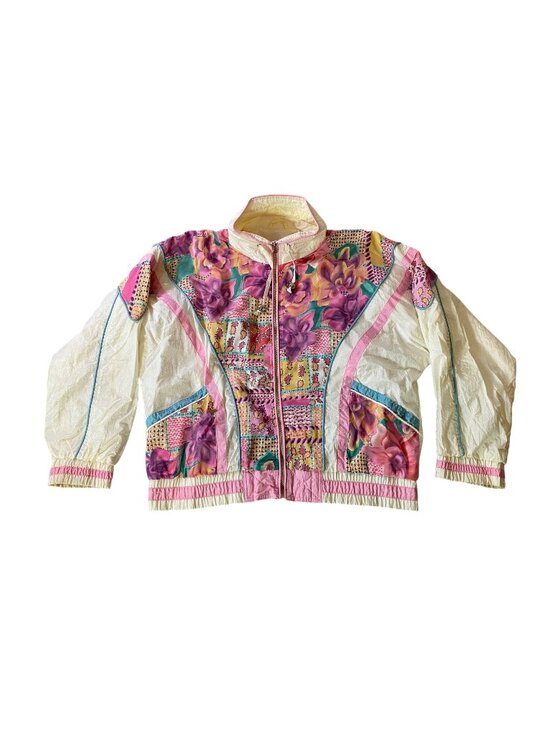 East West Jackets & Blazers - Vintage 80s East West Floral Patchwork Nylon Jacket Medium Pink White
